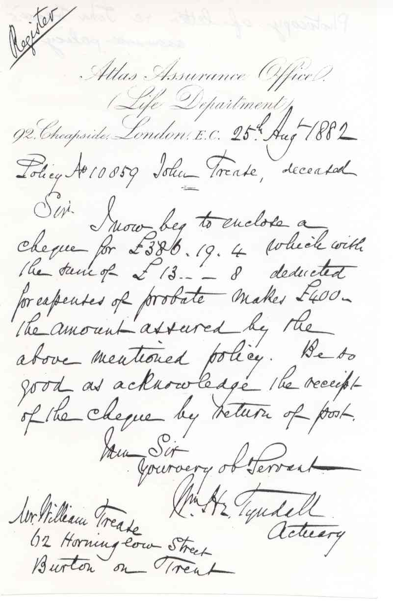 c1925 - John Trease's life insurance letter