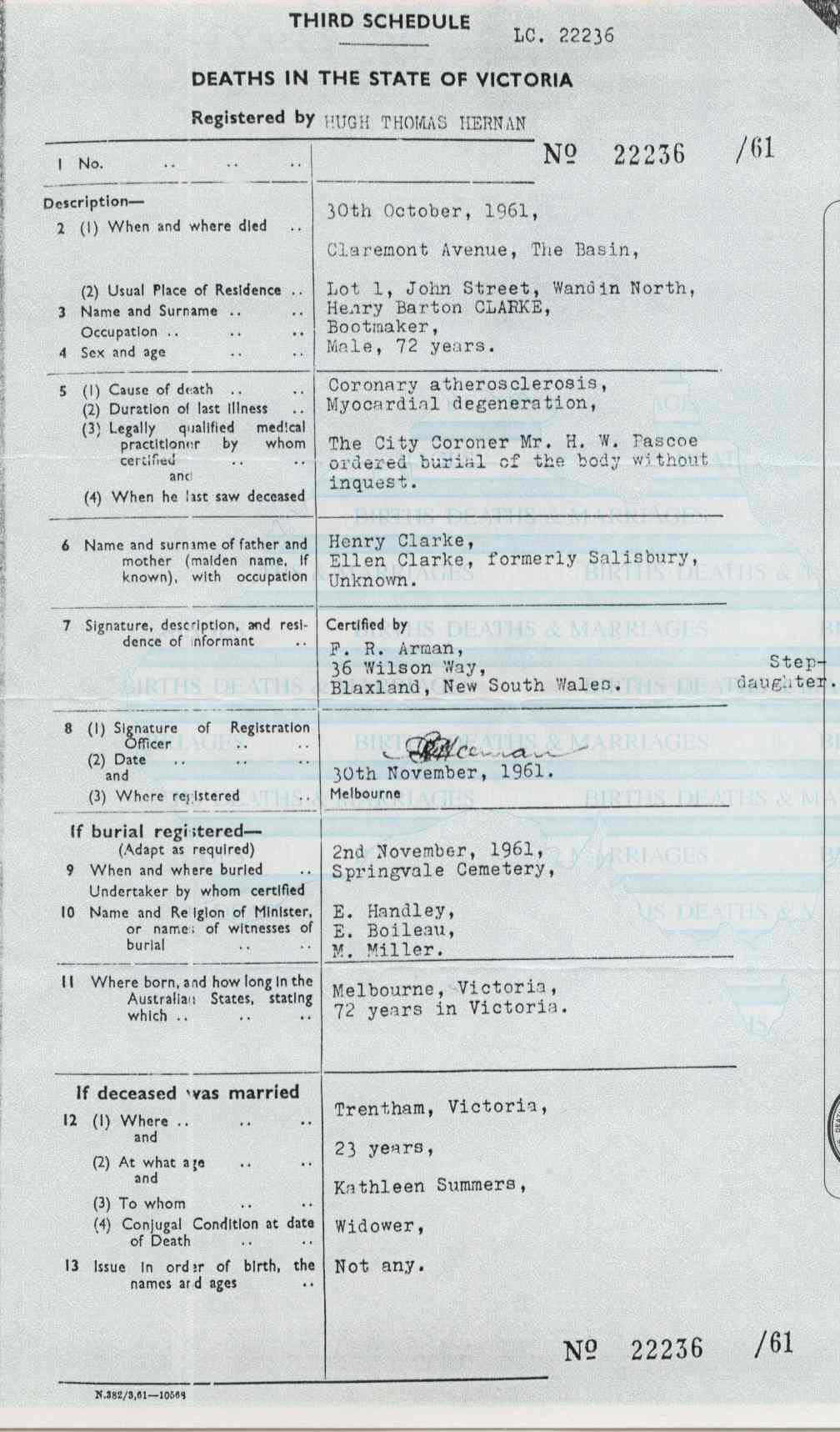 Henry Barton Clarke's death cert